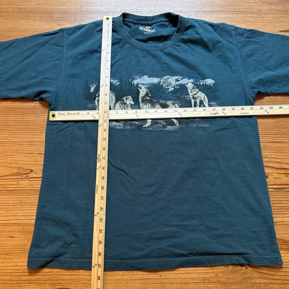Outdoor Life Wolf‎ Graphic Tee Mens Teal Blue Excellent Howling Moon SIZE L - Picture 4 of 6